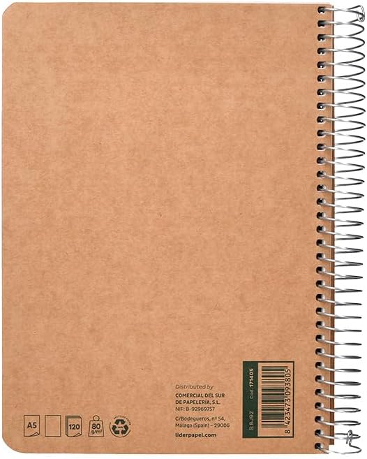 Liderpapel Spiral Notebook A5 Cardboard Cover Kraft Backed 120H Paper 100% Recycled 80 g Smooth