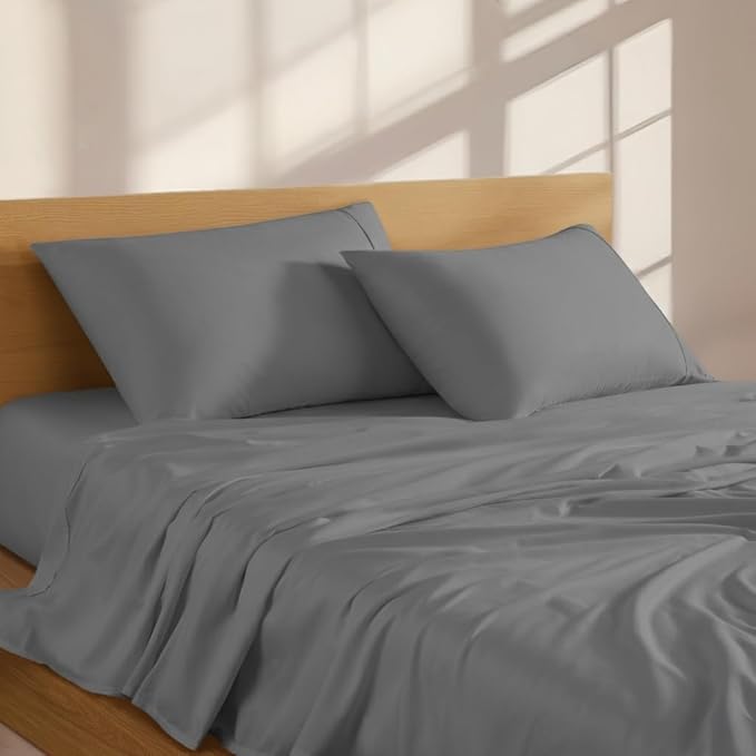 Linen Closet 4Pc 100% Organic Cotton Full Size Sheets Set, Grey, 300 Thread Count, Naturally Derived EarthColors, Deep Pocket Fitted Sheet (Up to 18"), Soft Bed Sheets Set, Juego De Sábanas Full