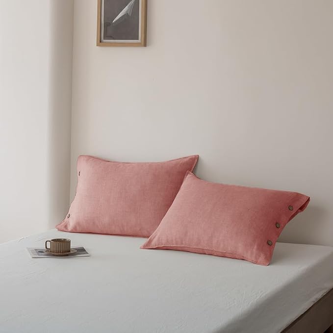 EVERLY 100% Linen Pillowcases Set of 2, French Linen from Normandy, 20X36Inch Standard Size, Natural Color, Coconut Buttons Closure, Flax Pillowshams-Pillowcase-Pink