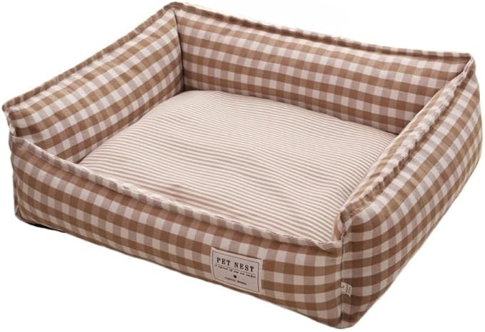 Orthopedic Rectangle Dog Bed for Medium Small Dogs, Plaid Plush Modern Puppy Sofa Bed with Anti-Slip Bottom, Cute Calming Pet Bed(Khaki,Large)