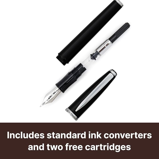Monteverde USA Aldo Domani Fountain Pen Black - Fine Nib - Luxury Writing Pen - JoWo Stainless Steel Nib - Smooth Ink Flow - Refillable - Gift Box Included