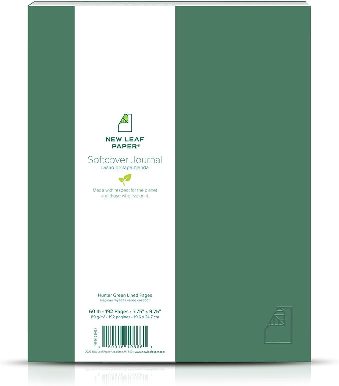 100% Recycled Softcover Lined Journal, Hunter Green, 9.75" x 7.75", 192 Pages, Embossed, Perfect Bound, FSC Certified, Made in USA