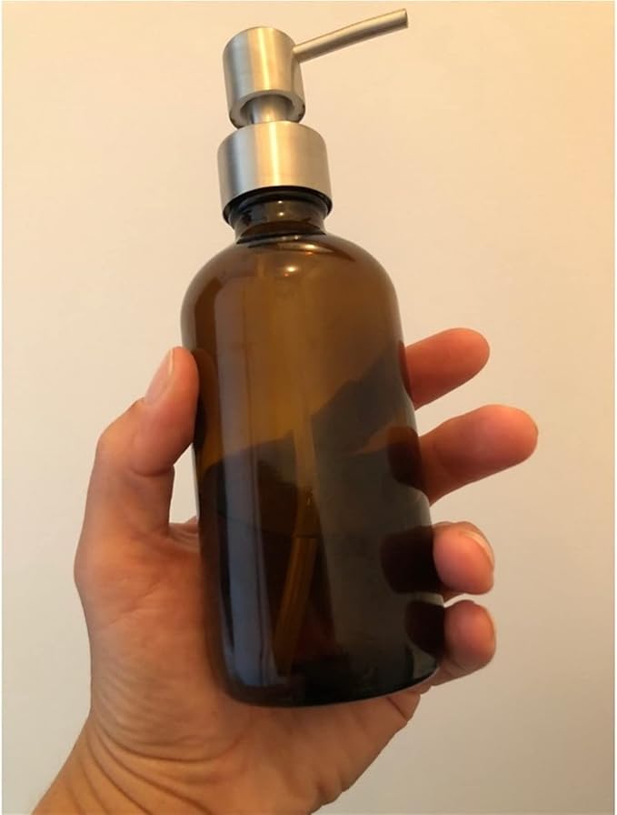 moisture Soap Dispenser Set Soap Dispenser with Stainless Steel Pump, Amber Glass Round Lotion Bottle Can Be Filled with Soap Dispenser (2 Pieces) Home Soap Dispenser (Color : A)