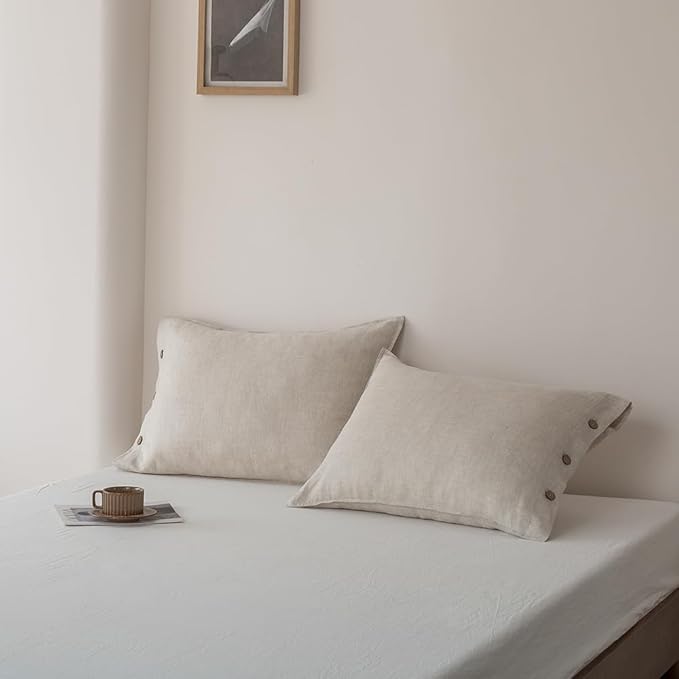 EVERLY 100% Linen Pillowcases Set of 2, French Linen from Normandy, 20X36Inch Standard Size, Natural Color, Coconut Buttons Closure, Flax Pillowshams-Pillowcase-Linen
