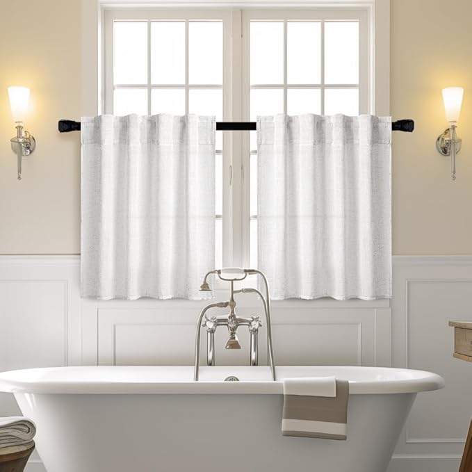 MIULEE White Curtains 30 Inch Length 2 Panels, Soft Thick Linen Textured Semi Sheer Light Filtering Kitchen Window Curtains Over Sink Small Tier Curtains for Bathroom Window Back Tab Rod Pocket