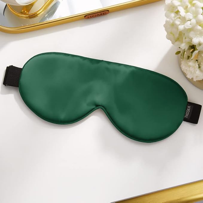 THXSILK Sleep Mask 100% 19 Momme Pure Mulberry Silk Super Smooth Cooling Sleep Eye Mask Blackout for Women/Man/Kids Eye Cover with Wide Head Strap Good Night Sleep Comfortable Travel Nap Emerald Green