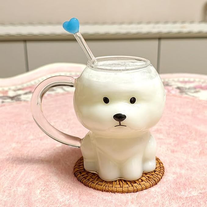 Coffee Mug Cups Ceramic Tea Cup Cute 3D Bichon Frise Dog Shaped Handmade Pottery Cute Mugs Handle Office Home Hot Ice Chocolate Milk Mugs Gifts Microwave Dishwasher Safe 14 Oz Travel Mug (Clear dog)