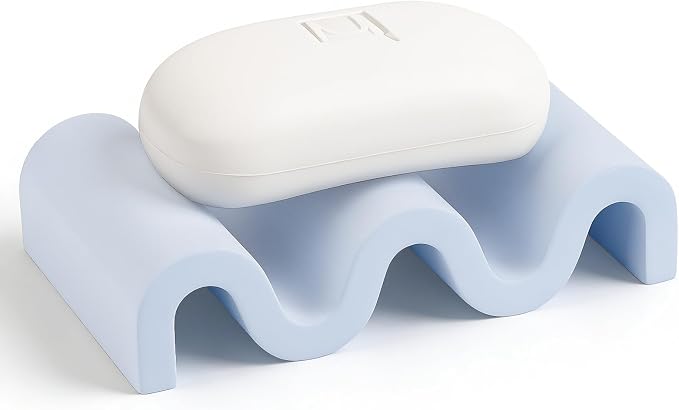Diatomite Soap Dish Quick Drying Bar Soap Holder Draining Soap Saver Rack Wave Pattern Sponge Tray for Bathroom Sink, Shower, Kitchen, Blue