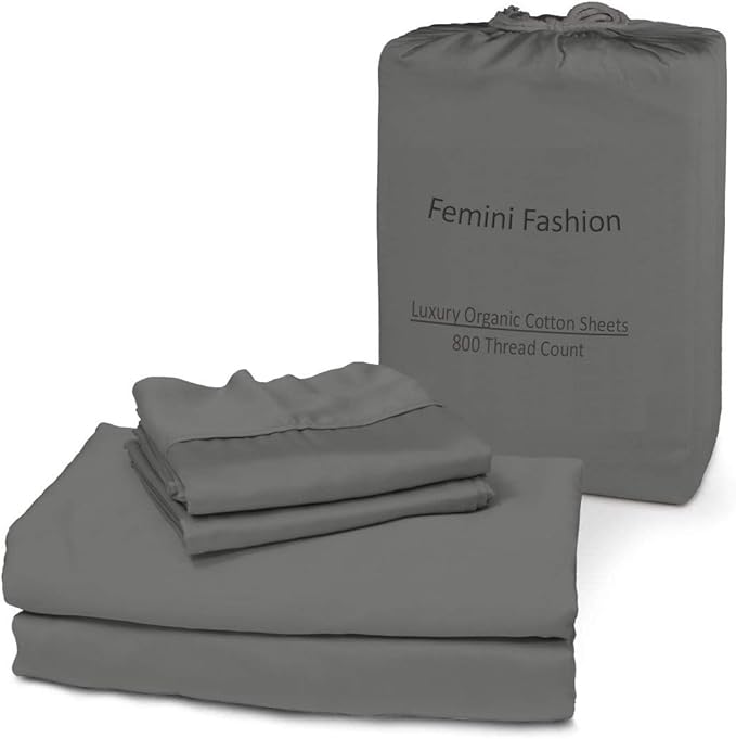 Femini Fashion 100% Organic Cotton Bed Sheets 800-Thread-Count, 16-Inch Deep-Pocket, Luxury Breathable Crisp 4-Piece Bed Sheet Set (1 Flat Sheet, 1 Fitted Sheet, 2 Pillowcases) - Twin, Dark Grey