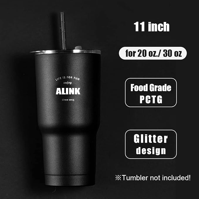 ALINK 12 PCS Reusable Glitter Straws, 11" Long Black Hard Plastic Tumbler Straws, Replacement Drinking Straws for 16 OZ 20 OZ 30 OZ Stanley, YETI, Mason Jar, Starbucks Cups with Brush