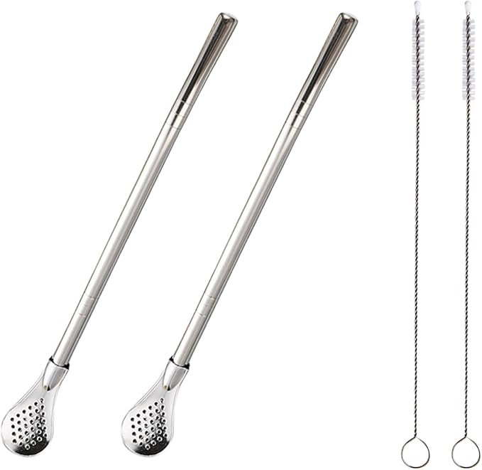 2 Pieces Stainless Steel Straw Spoon Filter with 2 Cleaning Brush, Reusable Tea Spoon for Loose Tea, Yerba Mate Straw, Metal Drinking Straws, Coffee Stirrers for Drinks Milk Beverage (Silver)