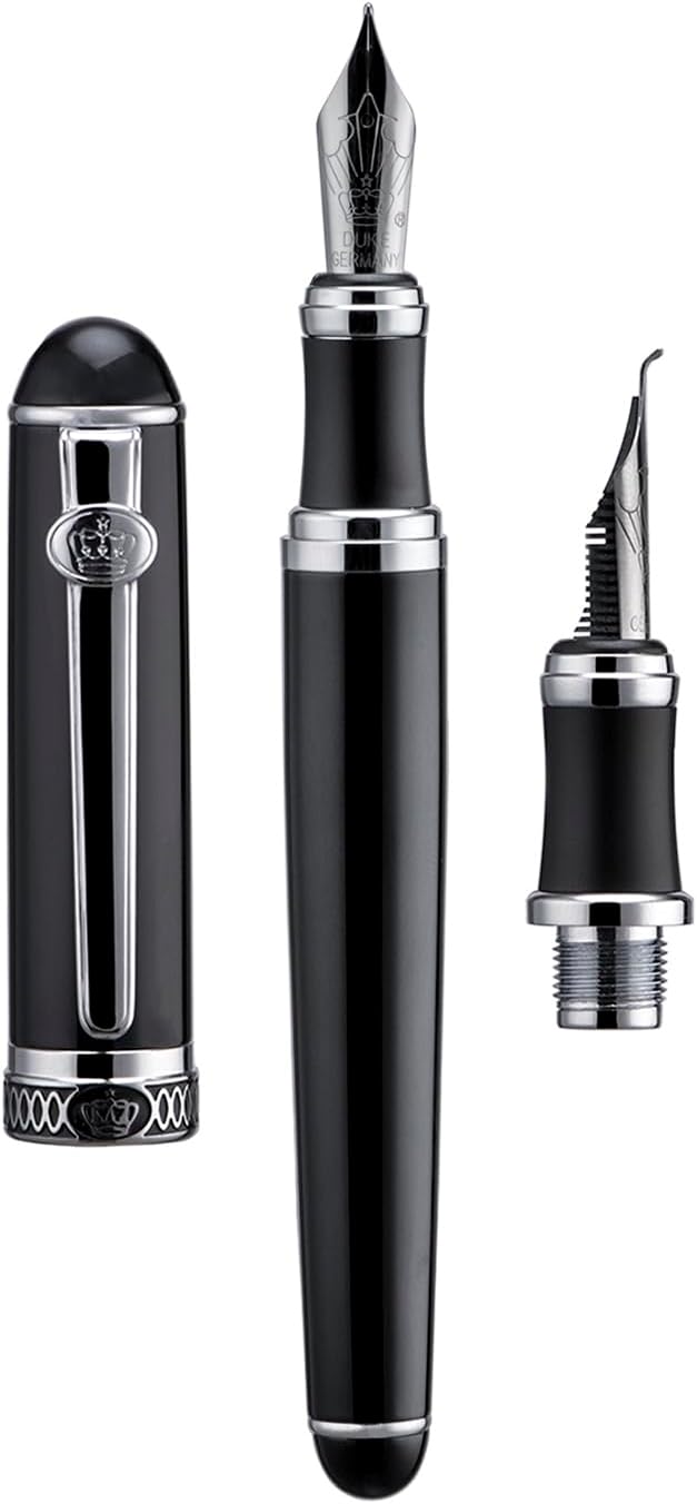 Lanxivi Duke D2 Fountain Pen Black Silver Trim Fine Nib with Additional Fude Nib (Bent Nib) and Converter Calligraphy Art Pen Set