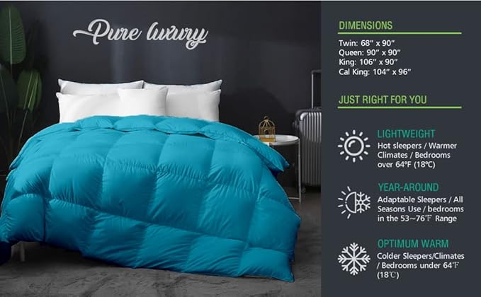 9.8 NEWTON Eco Friendly All Season Down Alternative Comforter Super King Plus, 120x120 inch Turquoise Comforter Duvet Insert, 100% Microfiber Cotton, 1000-TC, 700+ Fill Power-120"x120"