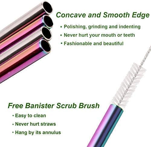 VEHHE Metal Straw Stainless Steel Straws Drinking Reusable Straws 4 Set -10.5" Ultra Long Rainbow Color-Cleaning Brush for 20/30 Oz for Yeti RTIC SIC Ozark Trail Tumblers (2 Straight|2 Bent|1 Brush)
