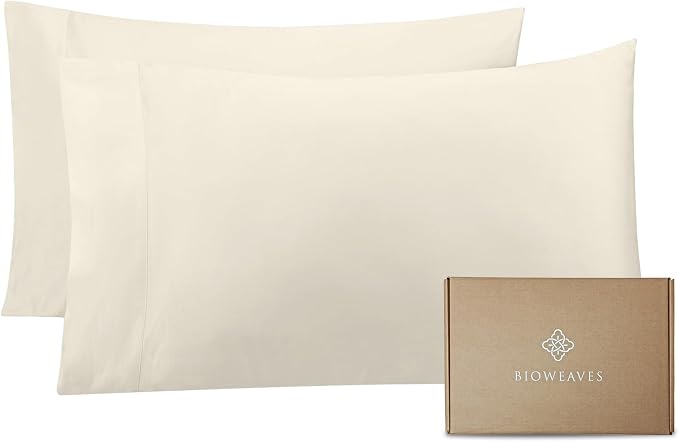 BIOWEAVES 100% Organic Cotton Pillow Cases 300 Thread Count Soft Sateen Weave GOTS Certified – Standard/Queen Size, Set of 2, Natural