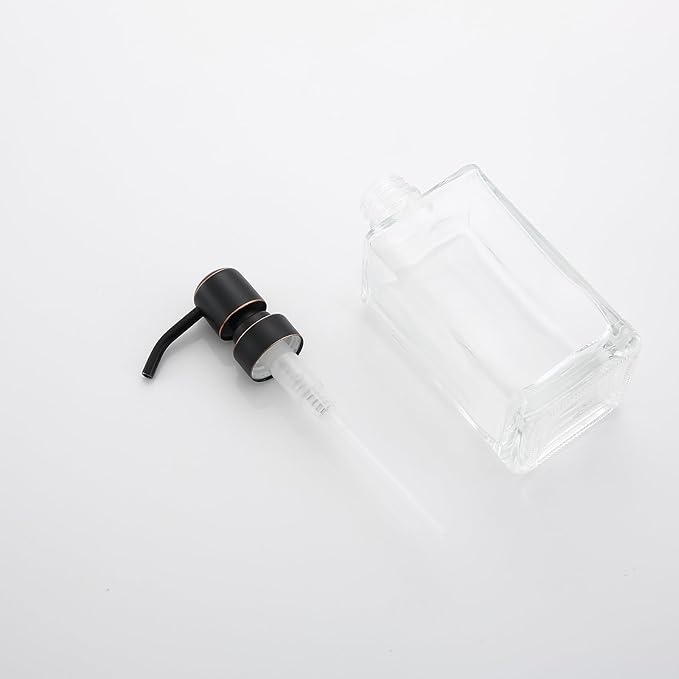 13.5 Oz Clear Glass Soap Dispenser with Rust Proof Stainless Steel Pump, Antique Design Refillable Square Lotion Dispenser for Bathroom, Premium Kitchen Hand Soap (Oil Rubbed Bronze)