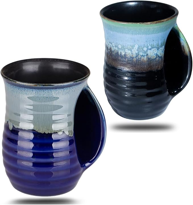 Hand Warmer Mugs Set of 2,16 Ounce Large Hand Warming Mugs Ceramic Gift for Christmas with Contoured Pocket, Keep Your Fingers Warmth(Black and Blue)