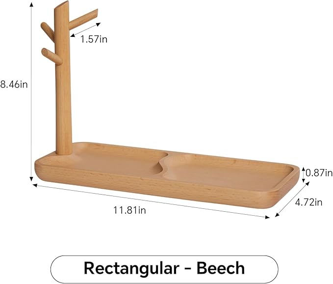 Solid Beech Wood Key Tray and Bowl for Entryway Table - Smooth Polished Branch-Shaped Organizer With Hooks for Keys, Wallet, Jewelry, Glasses (Beech, Rectangle)