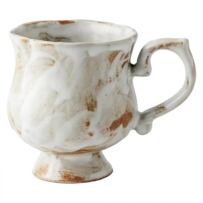 10 oz Footed Ceramic Mug, White & Brown Rustic Handmade Glazed Coffee Cup with Handle, Vintage Tea Cup for Home Office, Dishwasher & Microwave Safe