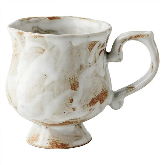 10 oz Footed Ceramic Mug, White & Brown Rustic Handmade Glazed Coffee Cup with Handle, Vintage Tea Cup for Home Office, Dishwasher & Microwave Safe
