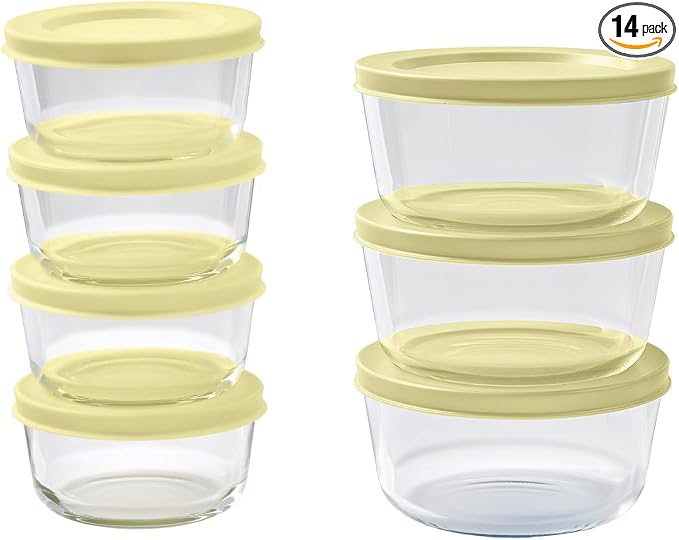 14-Piece Glass Food Storage Containers Set (7 Containers + 7 BPA-Free Lids) | 1-Cup & 2-Cup, Leakproof | Microwave, Freezer, Oven & Dishwasher Safe | Ideal for Meal Prep & Pantry Organization, Yellow