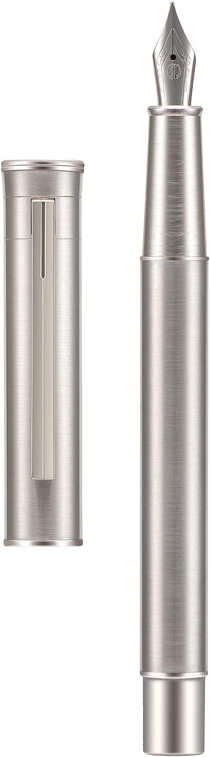HONG DIAN Forest Pro Silver Stainless Steel Fountain Pen, Medium Nib Classic Design Smooth Writing Pen with Ink Refill Converter and Metal Pen Box Set
