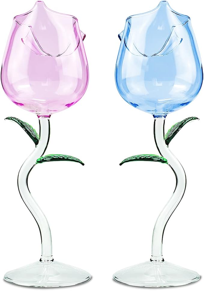 Rose Wine Glass Set of 2 Stemmed Drinking Wine Goblet (260ml, Blue & Pink) | Cocktail Champagne Flutes Classy Red Wine Party Dinner Wedding Festival Kitchen Bar Celebration Birthday Gift Housewarming