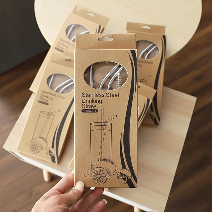 5 Pcs Stainless Steel Straws Set with Cleaning Brush, Reusable Stainless Steel Drinking Straws, Durable for All Beverages, Silver