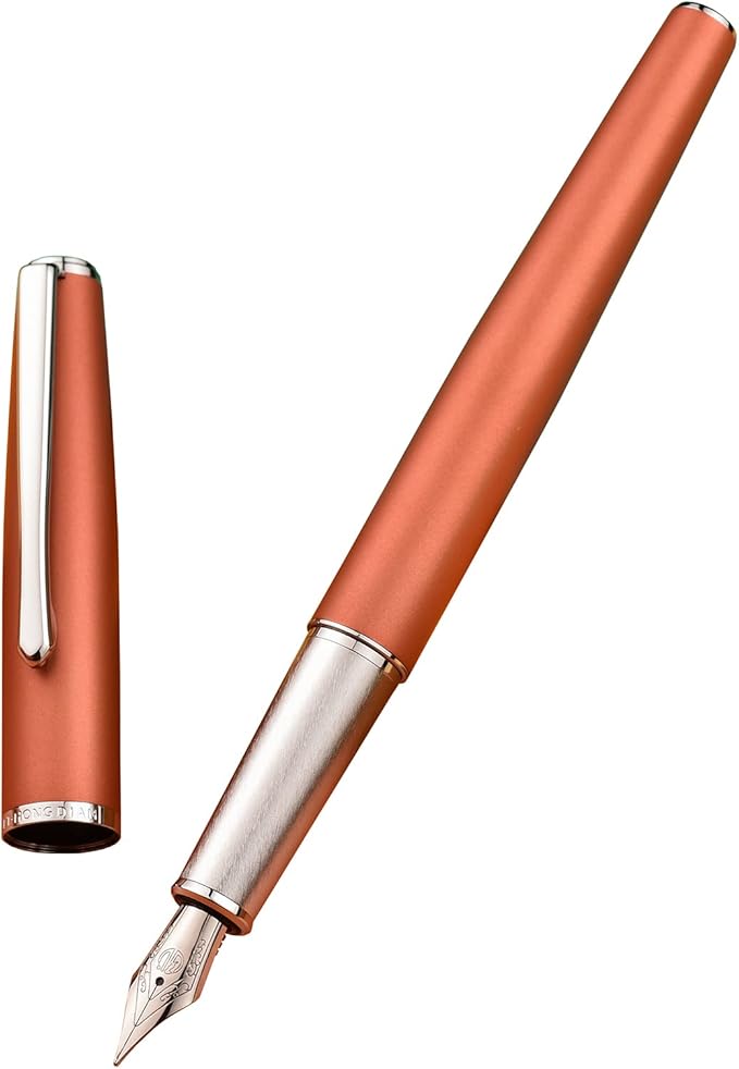 Hongdian 920 Orange Metal Fountain Pen, Steel Fine Point Classic Pen, Includes Refillable Converter and Pen Pouch