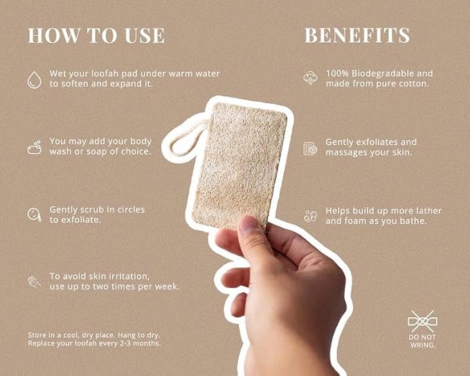 J&L Naturals Natural Loofah Pad 2-Pack, Pure Natural Loofah, Cotton, Biodegradable, Exfoliating