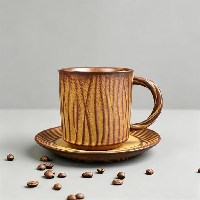 Rustic Kiln Glaze Textured Ceramic Coffee Mug with Saucer, Vintage Wabi Sabi Latte Tea Cup Multiple Styles, set of 1 (MIXED01)