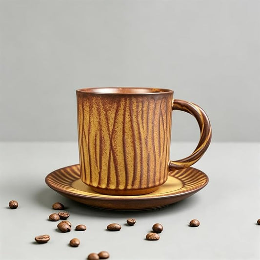 Rustic Kiln Glaze Textured Ceramic Coffee Mug with Saucer, Vintage Wabi Sabi Latte Tea Cup Multiple Styles, set of 1 (MIXED01)
