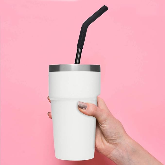 Senneny Set of 5 Stainless Steel Straws with Silicone Flex Tips Elbows Cover, 2 Cleaning Brushes and 1 Portable Bag Included (Black)- 8mm diameter