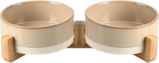 SPUNKYJUNKY Ceramic Dog and Cat Bowl Set with Wooden Stand, Modern Cute Weighted Food Water Bowl Set for Small Size Dogs (1.7 Cups, 2 × Pattern Brown)