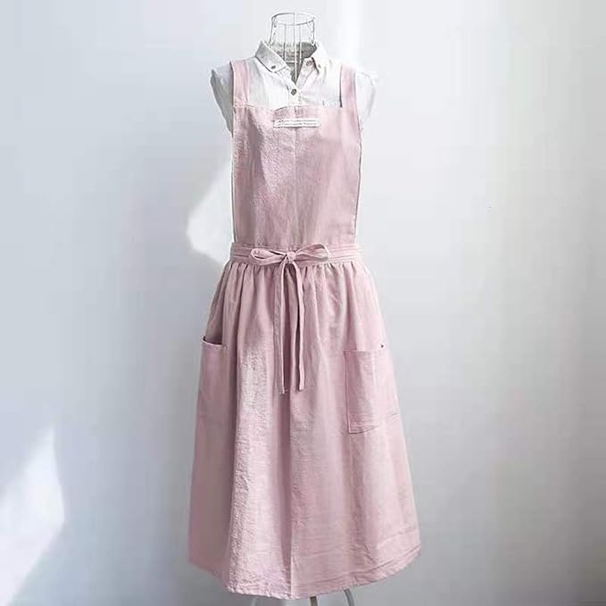 Cotton and linen Kitchen Cooking Aprons Dress for Women with Pockets Cute for Baking Painting Gardening Cleaning