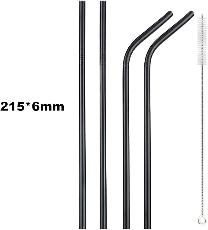 JASHII 2 Set Reusable Portable Metal Straws Stainless Steel Eco-friendly Drinking Straw with Travel Cloth Bag (4 Bent 4 Straight 2 Brush),Black