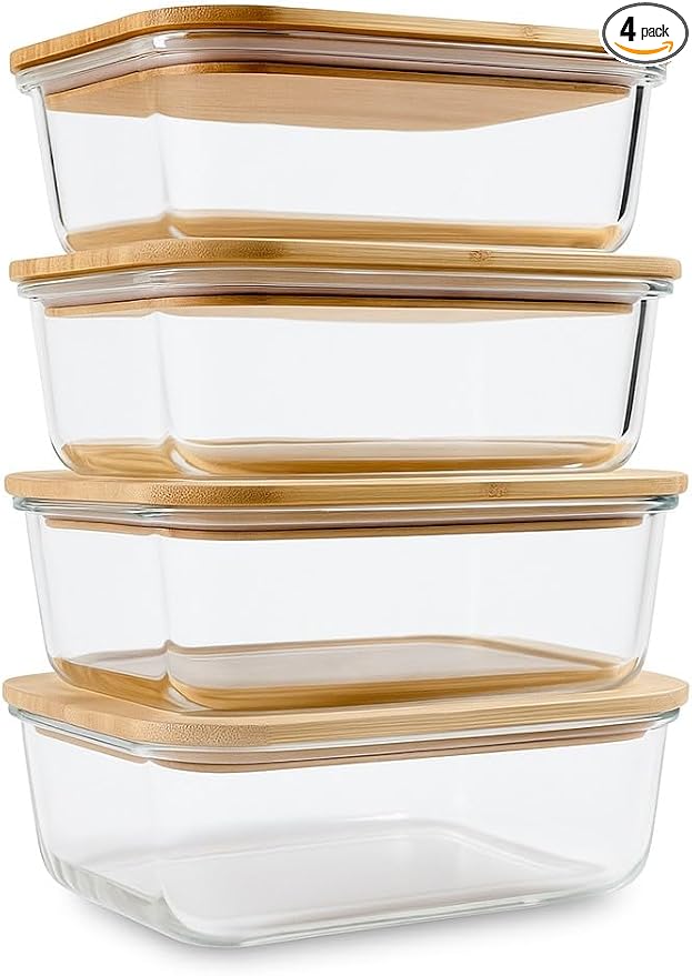 Glass Food Storage Containers with Bamboo Lids (4-Pack, 36oz) Airtight, Leakproof, BPA-Free Borosilicate Glass Meal Prep Containers – Eco-Friendly, Oven/Microwave/Freezer Safe-Plastic-Free & Reusable