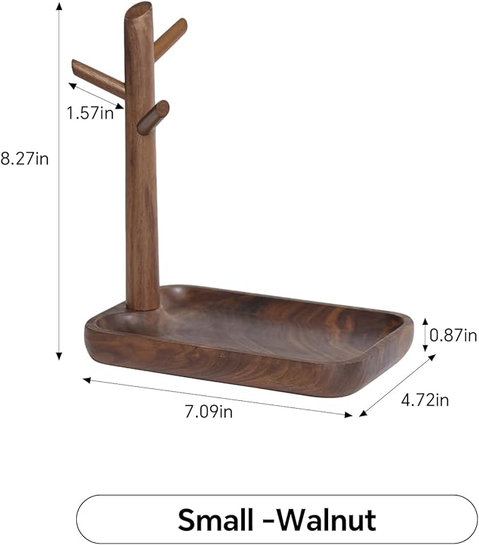 Black Walnut Solid Wood Key Dish Bowl for Entryway Table Square Tray With 3 Hooks, Open Storage for Keys, Wallet, Jewelry (Walnut, small)
