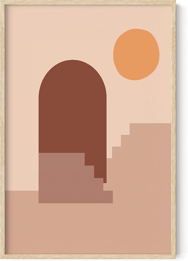 Abstract Architecture Wall Art Archway Stairs Sun Geometric Shapes Earth Tones Terracotta Mid Century Modern 24x36 Inch Oak Wood Beige Framed Minimalist Boho Office Decor