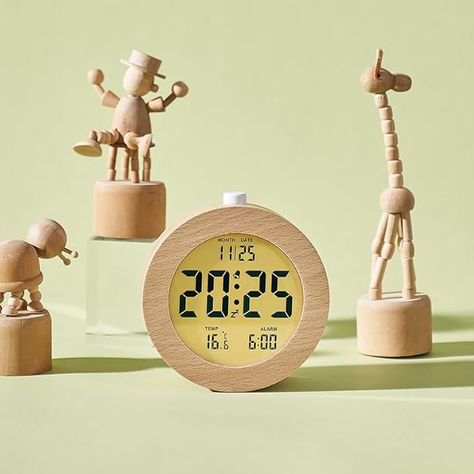 Digital Alarm Clock with LCD Display, Wooden Case, Temperature Display, Date Function (01)