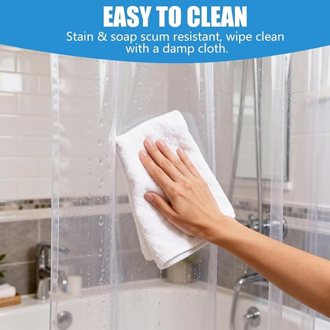 Clear Shower Curtain Liner, 72x72 PEVA Bath Shower Curtain Liner with 12 Plastic Hooks Lightweight Waterproof