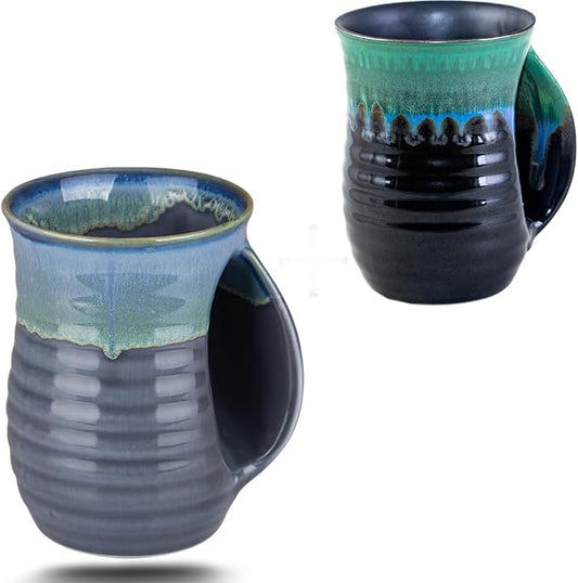 Hand Warmer Mugs Set of 2,16 Ounce Large Hand Warming Mugs Ceramic Gift for Christmas with Contoured Pocket, Keep Your Fingers Warmth(Grey and Green)