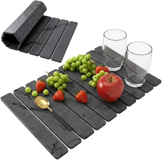 Stone Dish Drying Mat for Kitchen Counter Large Quick Dry Diatomaceous Earth Stone Drying Mat Foldable Water Absorbent Dish Drying Mat for Dishes Cups Bottles Kitchen Sink Countertop (Grey Marble)