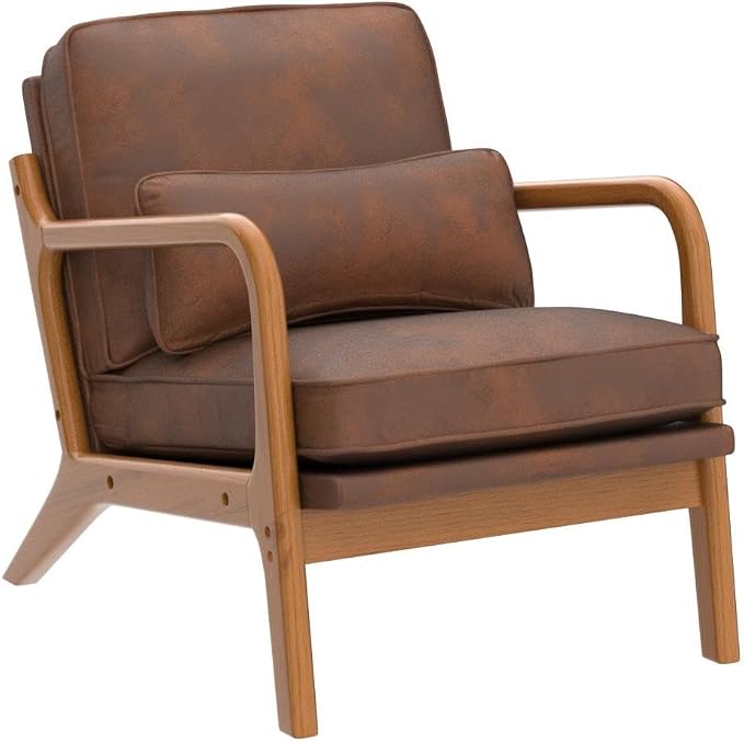 Karl home Mid-Century Modern Accent Reading Chair, Brown | Bronzing Upholstered, Solid Wood Frame, Soft Cushion, Lumbar Pillow, Lounge Armchair for Living Room, Bedroom, Balcony, Study