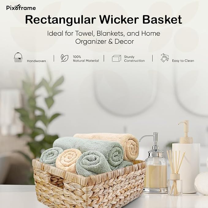 Large Rectangular Handwoven Wicker Basket - Natural Water Hyacinth Storage Baskets with 2 Built-in Handles - Ideal for Towel, Blankets, and Home Organizer & Decor - 15"x 11"x6.75" - Brown