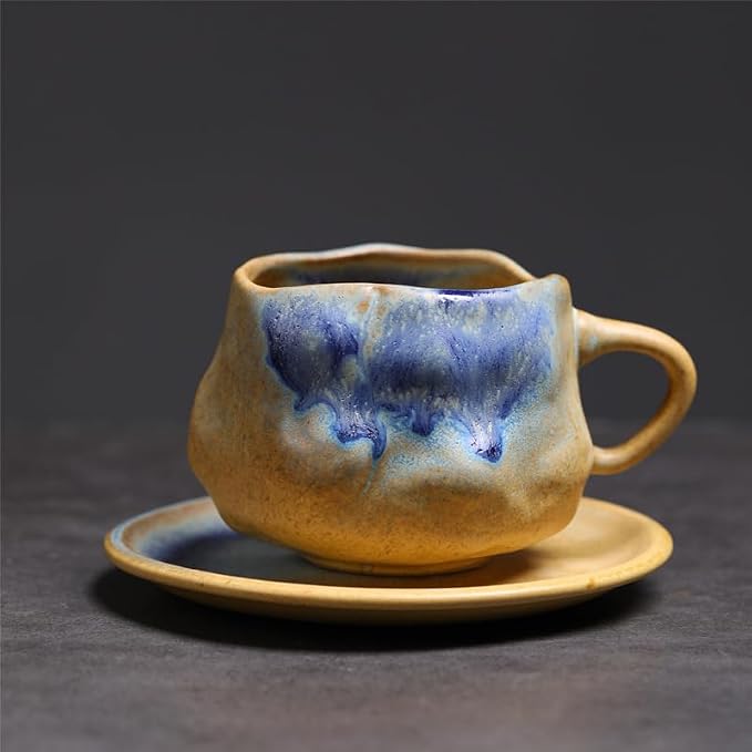 Handmade Irregular Ceramic Coffee Mug with Saucer, Kiln Flowing Glaze Wabi Sabi Latte Tea Cup Set, set of 1, 200ml (SHIGUANG01)