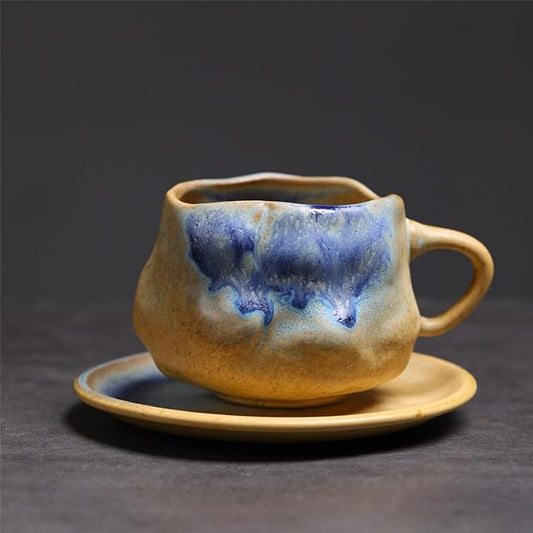 Handmade Irregular Ceramic Coffee Mug with Saucer, Kiln Flowing Glaze Wabi Sabi Latte Tea Cup Set, set of 1, 200ml (SHIGUANG01)