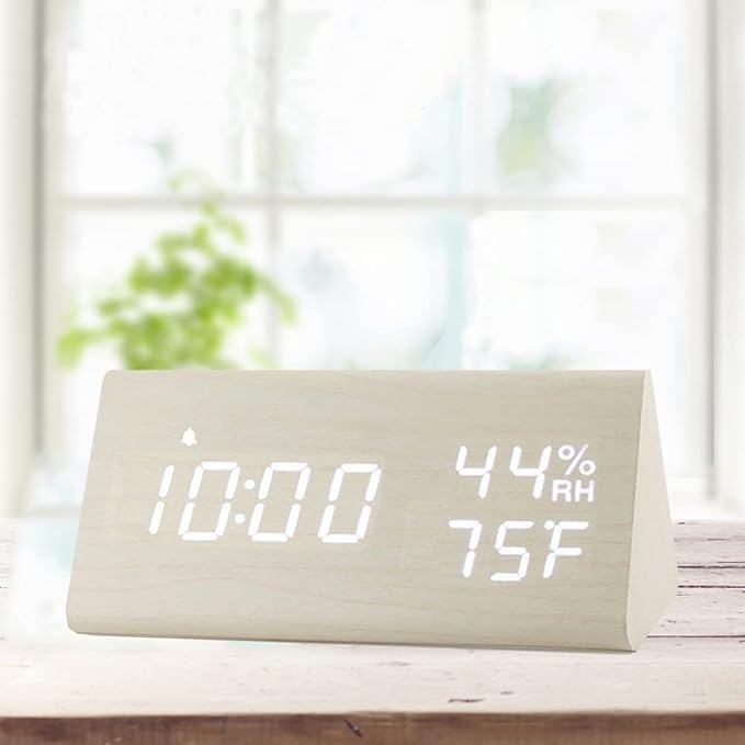 JALL Wooden Digital Alarm Clock for Bedroom, 3 Alarms with Large Numbers, Humidity and Temperature Display, 6-Level Dimmer, Snooze, Loud Desk Clock for Heavy Sleepers, Plug in (White)