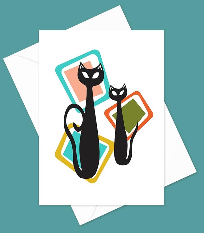 Mid Century Modern Cats Greeting Cards - Set of 10 All Occasion 5x7 Note Cards with Envelopes. Blank Inside. Assorted Modern Abstract Mid-Century Designs.