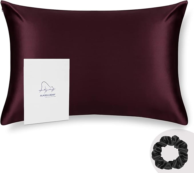ALASKA BEAR King Silk Pillowcase and Random Color Scrunchie Gift Set Pillow Cases for Acne, Eyelashes & Extensions (1pc, Red Burgundy)